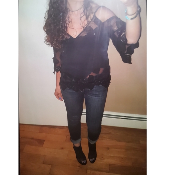 Gypsy 05 boho silk embroidered cold shoulder peasant blouse/top S - Picture 1 of 5